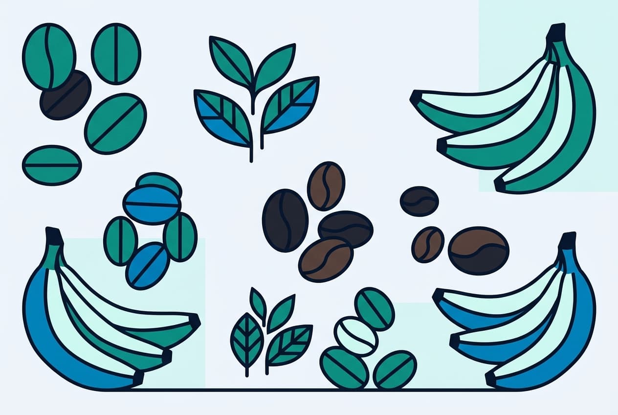 Flat illustration of Rwandan agricultural products including coffee beans, tea leaves, banana bunches, avocadoes, and pineapple, set against a backdrop of the Rwandan landscape.