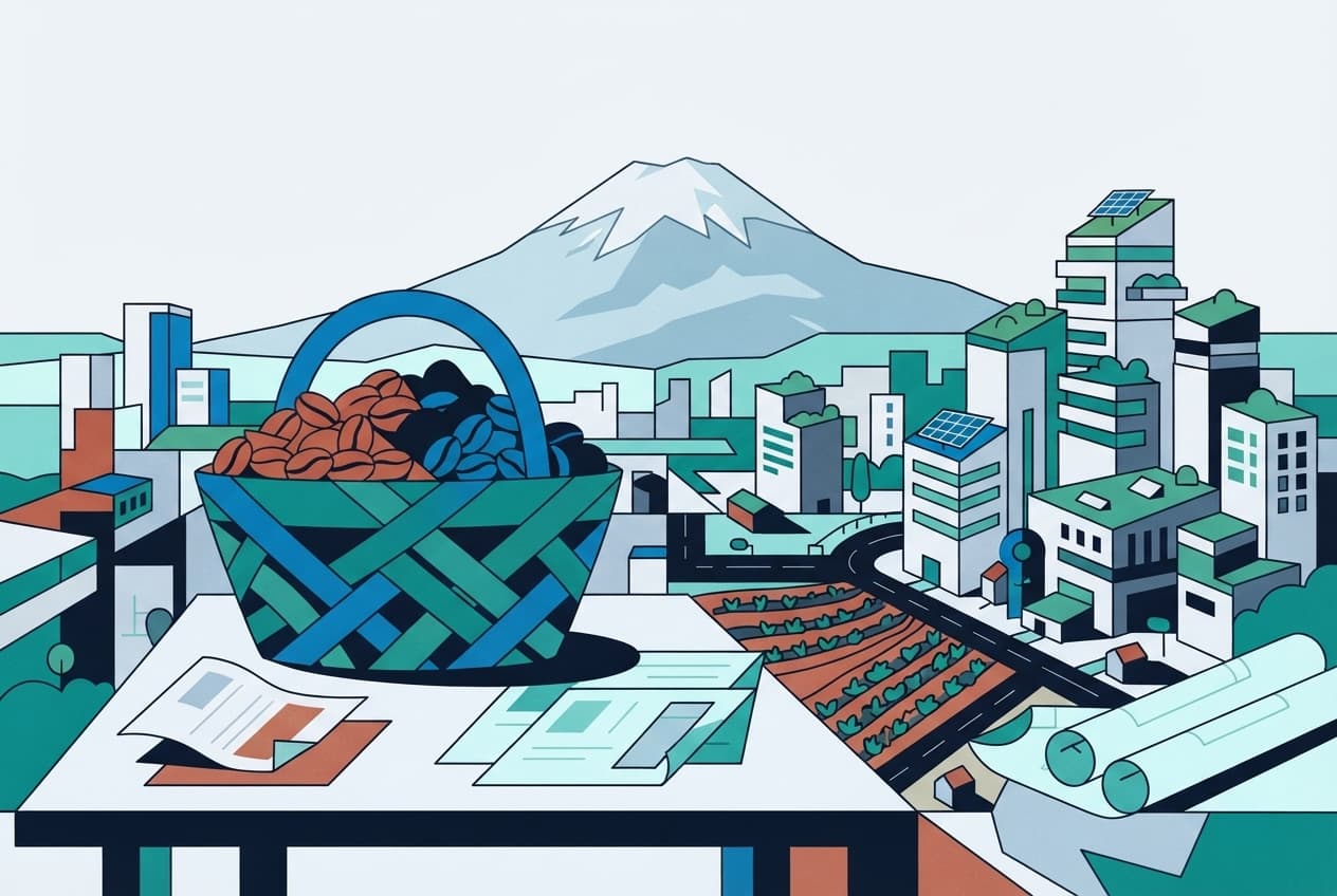 Flat illustration of Documents, Architectural plans, Coffee beans, Basket, Mountain peak