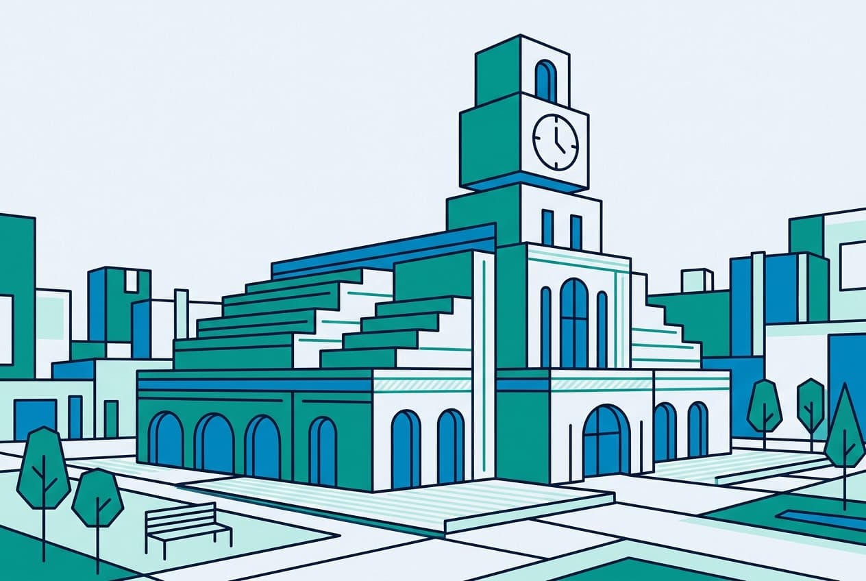 Flat illustration of a building in a district.