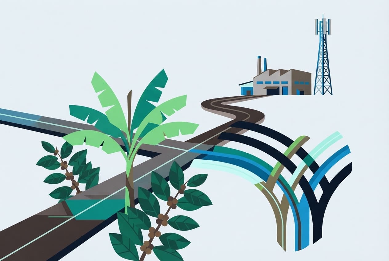 Flat illustration of banana plant, coffee plant, factory building, cell tower, road