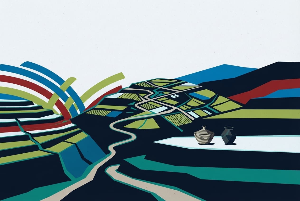 Flat illustration of hill, path, basket, clay pot