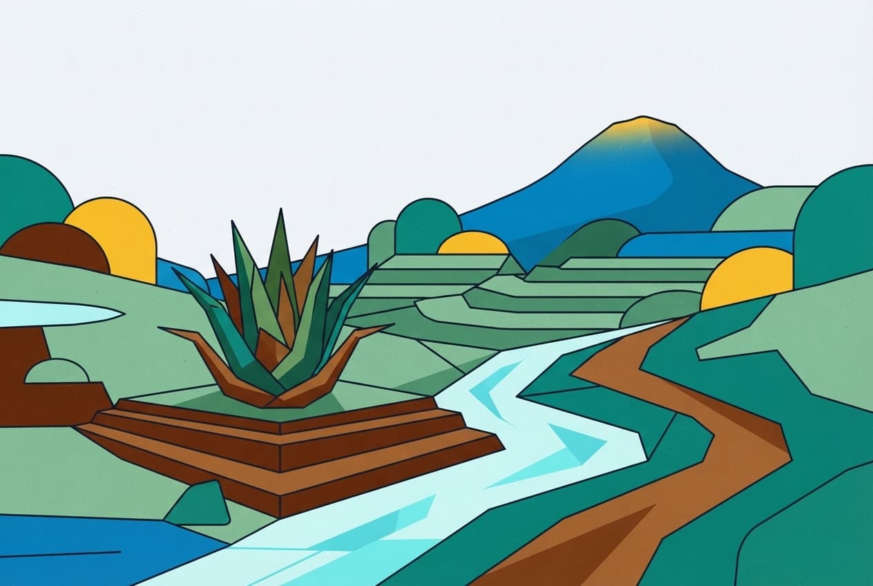 Flat illustration of healing plant, flowing water, winding path, mountain peak