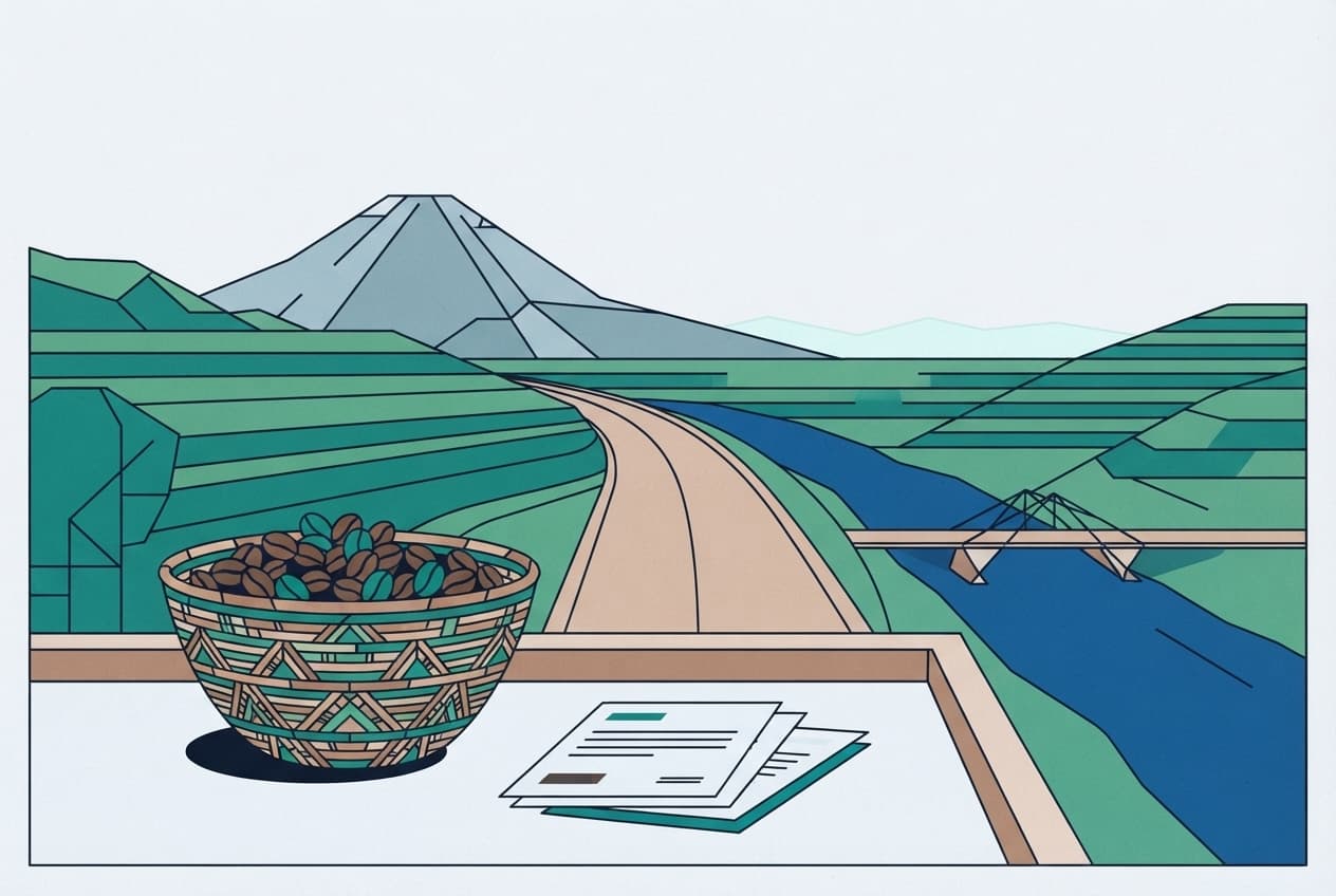Flat illustration of documents, coffee beans, river, road, basket, volcano