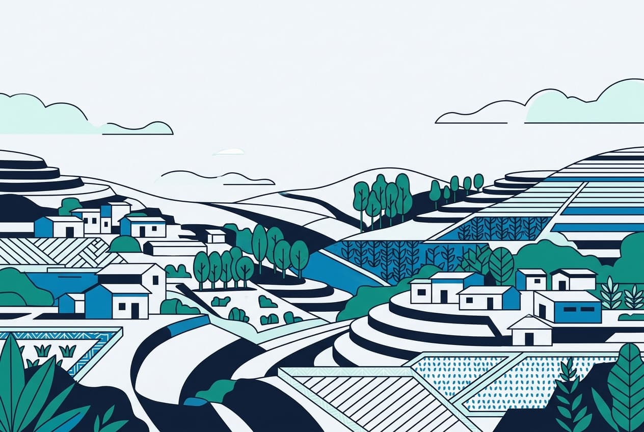 Flat illustration of Rwandan villages, green pastures, and small farm structures.
