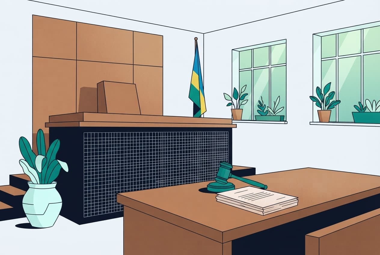 Flat illustration of Judicial bench, Wooden table, Legal document, Gavel, Potted plant