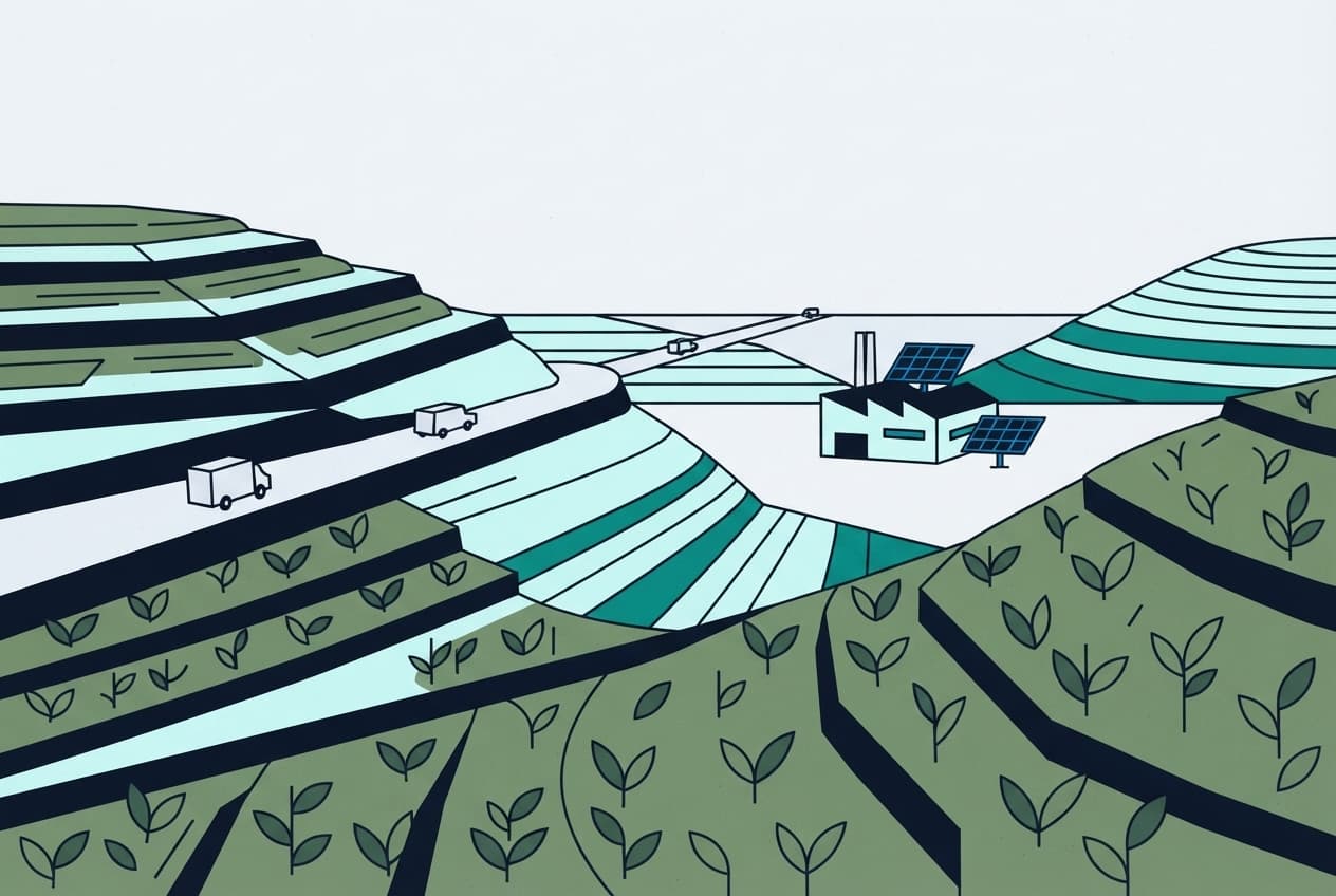 Flat illustration of Tea plant, Solar panel, Newly built road, Small factory building