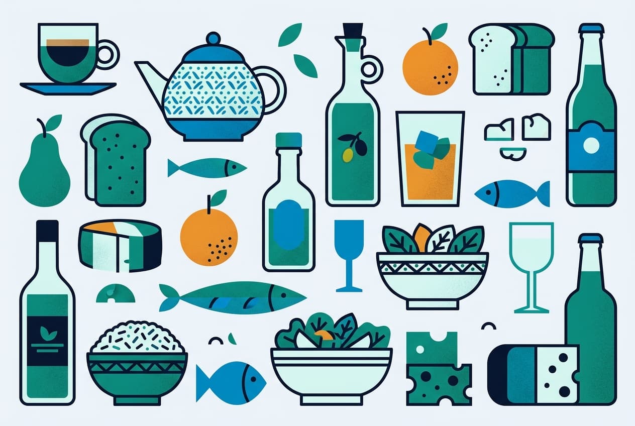 Flat illustration of food and beverage products.