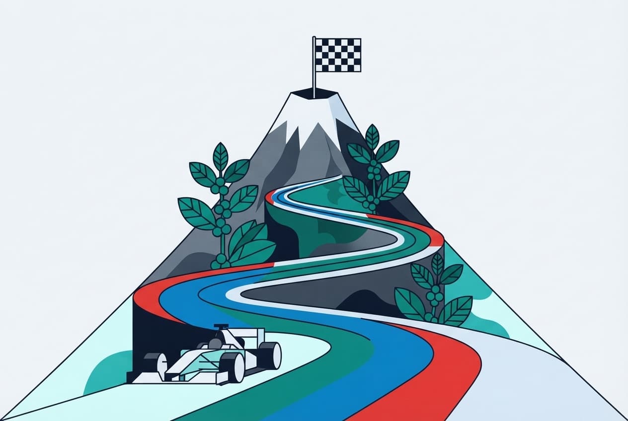Flat illustration of Race car, Checkered flag, Volcanic peak, Coffee plant