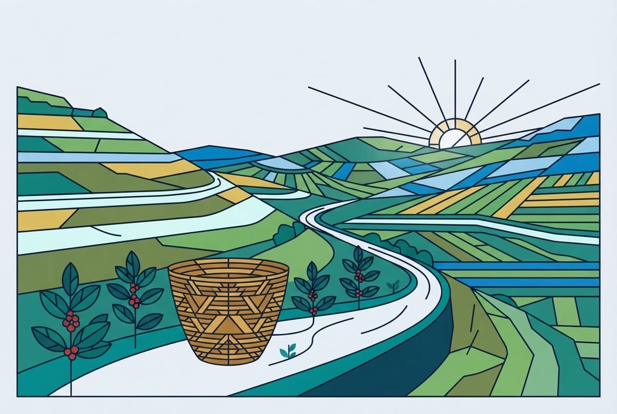 Flat illustration of coffee plant, woven basket, winding path, distant hill, rising sun