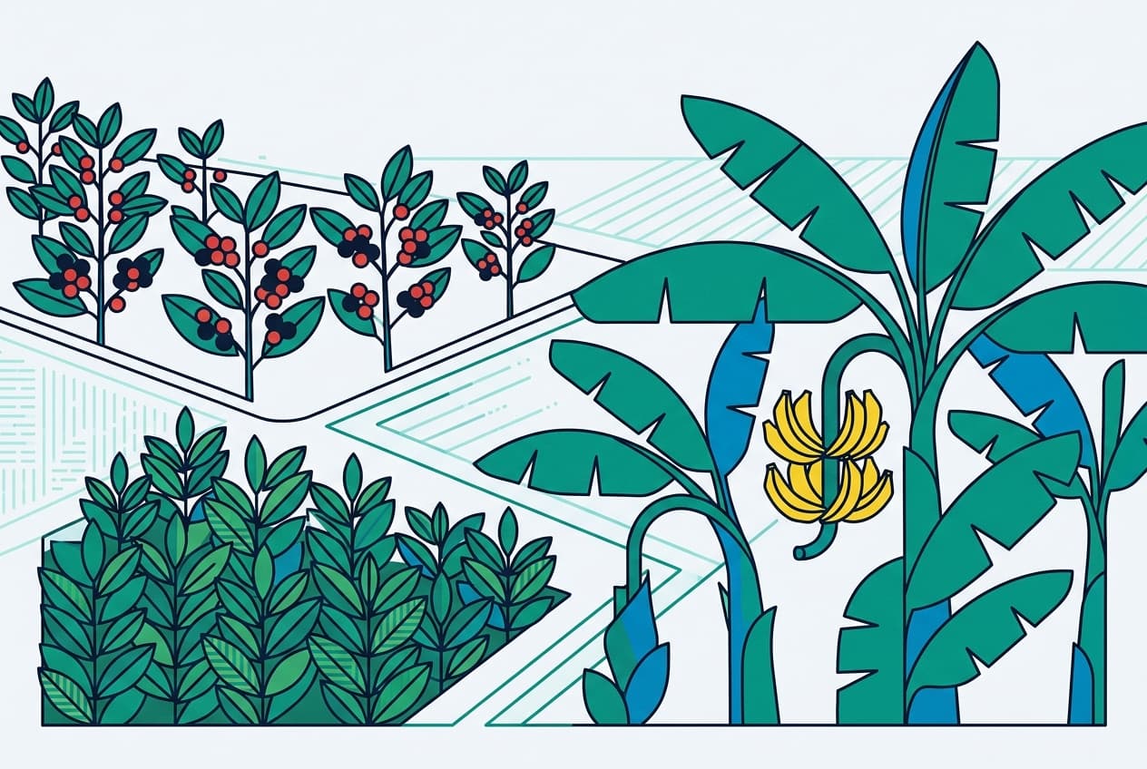 Flat illustration of coffee beans, tea leaves, a banana plantation, and the Rwandan landscape.