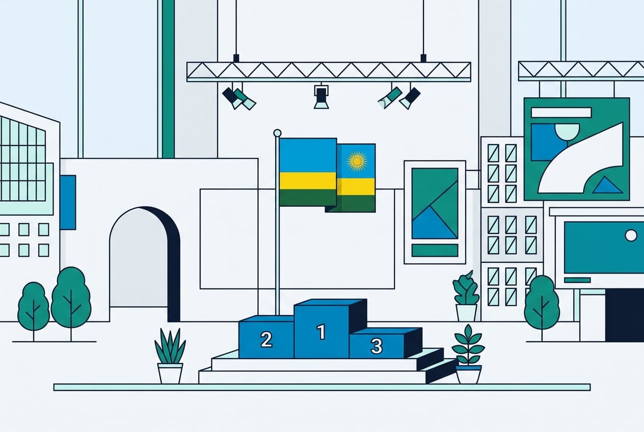 Flat illustration of an expo hall with an award podium and a Rwandan flag.