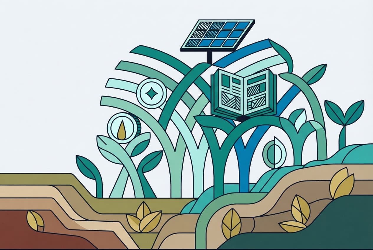 Flat illustration of seed, sprout, coin, ledger, solar panel