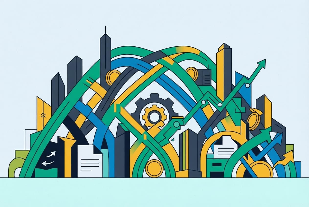 Flat illustration of document, gear, chart, skyscraper, coin
