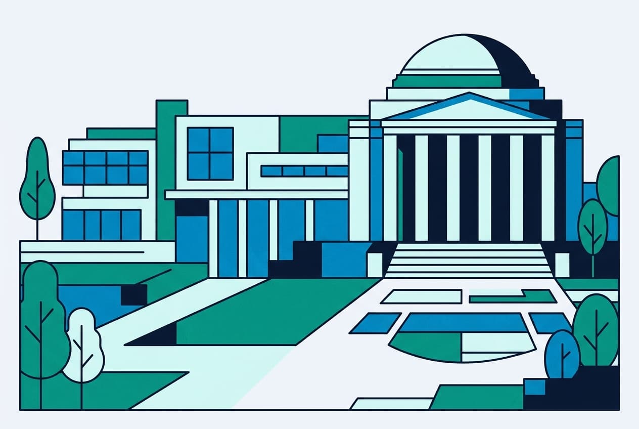 Flat illustration of a training centre building and a memorial building.