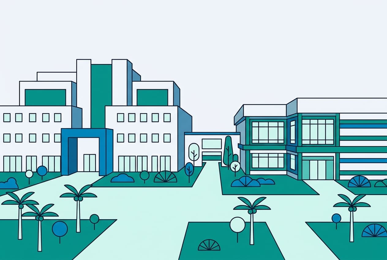 Flat illustration of the Rwanda FDA building, Rwanda Standards Board building, and a local government office, with illicit alcohol bottles and a factory in the background.
