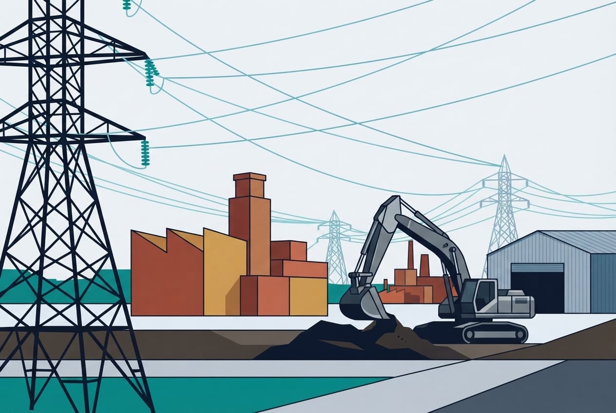 Flat illustration of Transmission tower, Excavator, Factory building, Power lines