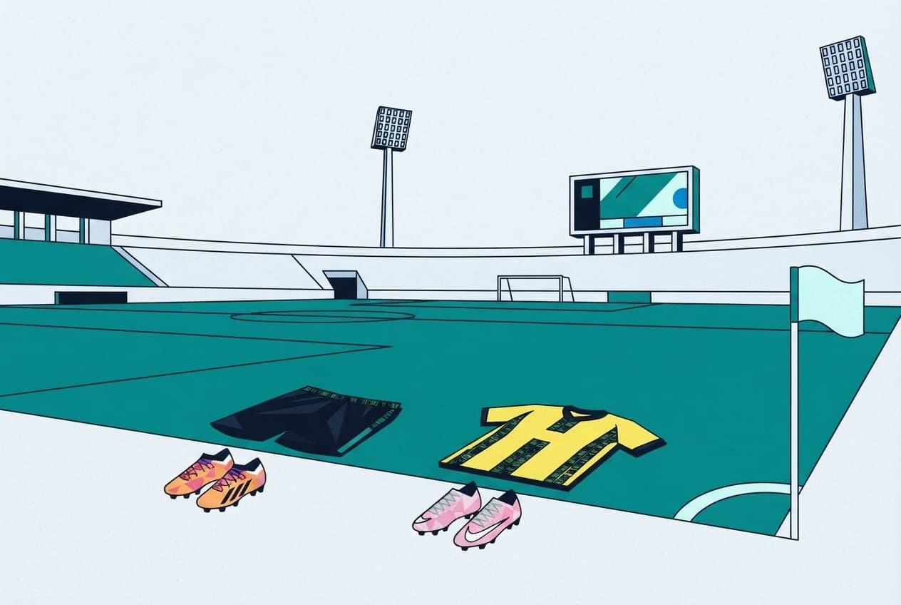 Flat illustration of Football, goalposts, stadium lights, scoreboard, grass pitch, corner flag