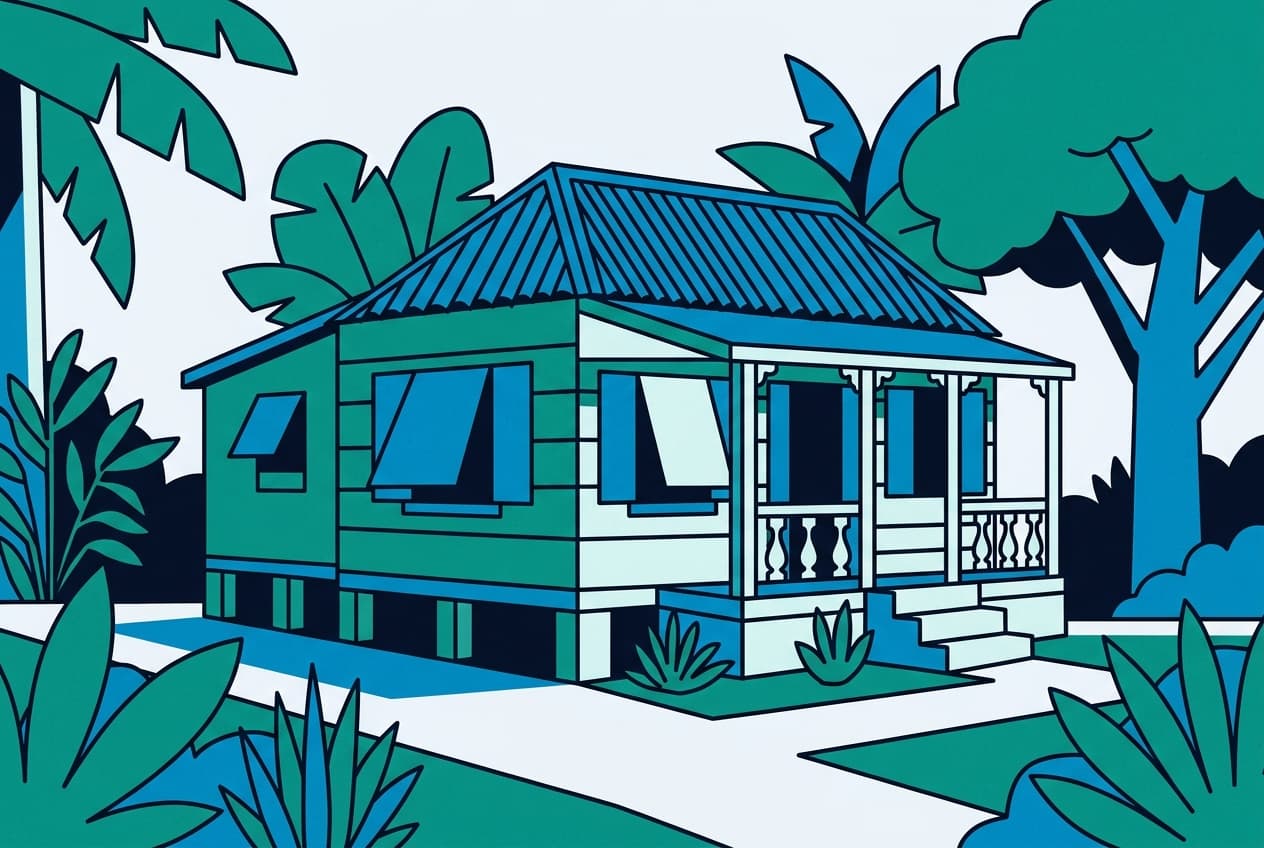 Flat illustration of a childhood home in Barbados.
