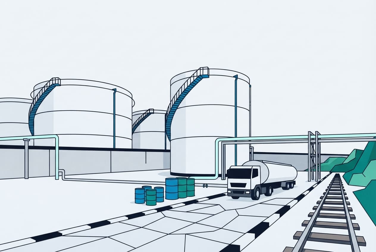 Flat illustration of fuel barrel, storage tank, pipeline, truck, railway track