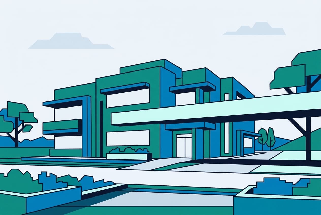 Flat illustration of Rwandan government buildings, including a food and drug authority, a regulatory office, a local government building, and a police station.